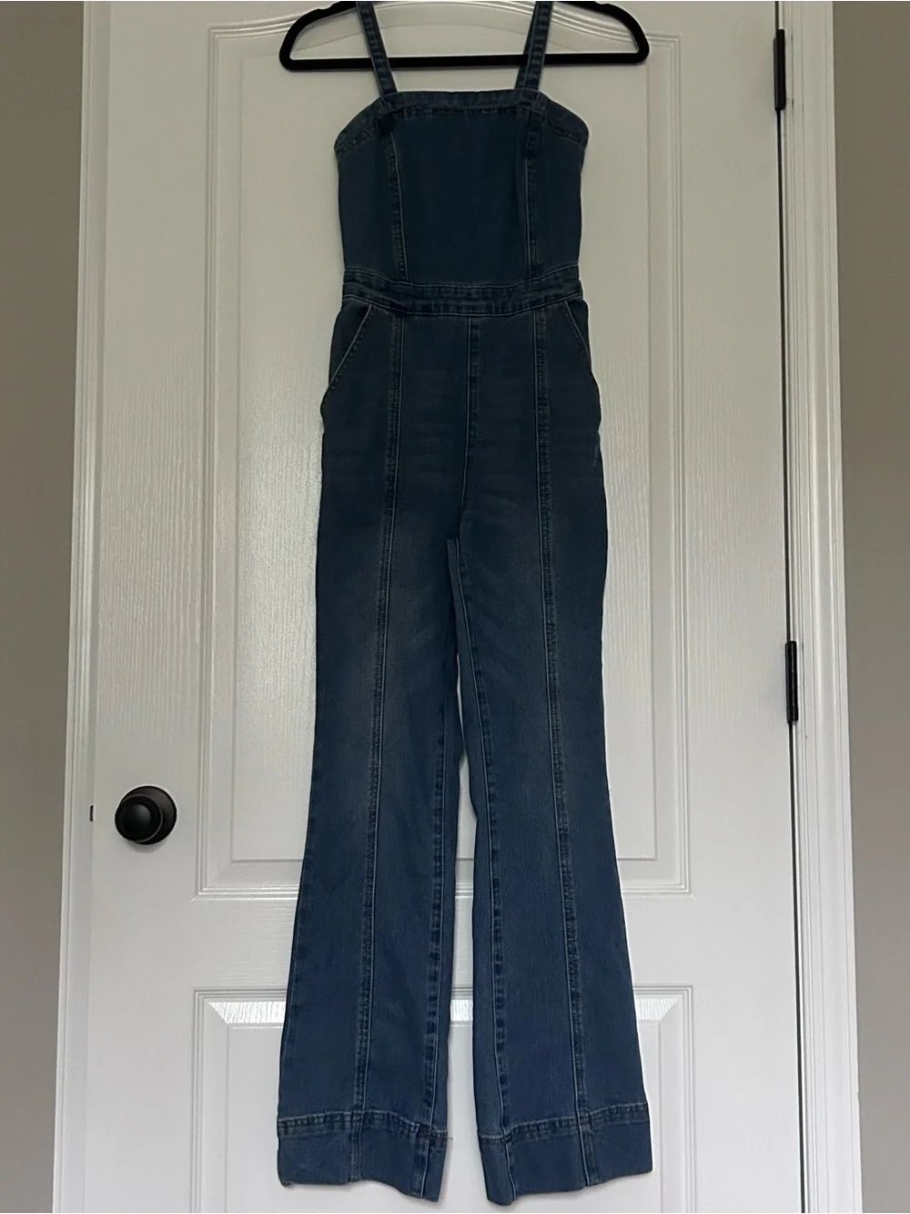 Sincerly Jules Blue Denim Fitted Flare Bottom Jean Overalls Front Seam Size XS - Picture 2 of 12